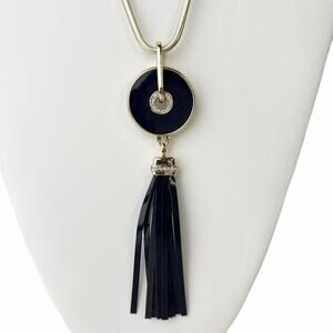 WHBM Rhinestone Pendant Necklace Reversible Tassel Long Gold Tone Snake Chain